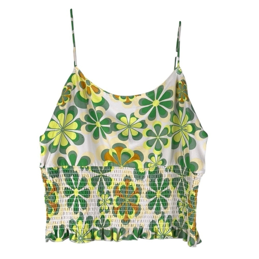 5 B Style Cream & Green 70's Style Smocked Spaghetti Strap Flowy Boho Top XL New